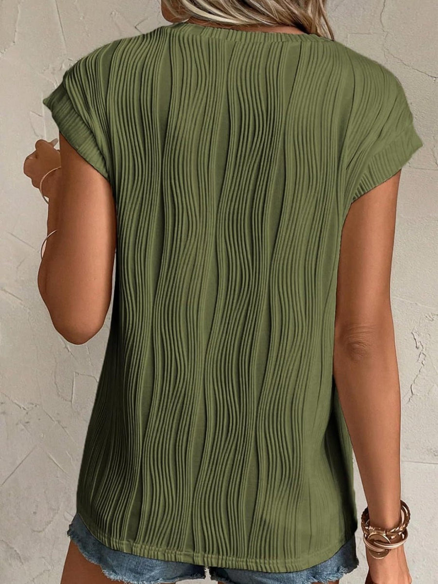 Textured Round Neck Cap Sleeve T-Shirt - Opulent EmpireTextured Round Neck Cap Sleeve T-ShirtOpulent Empire