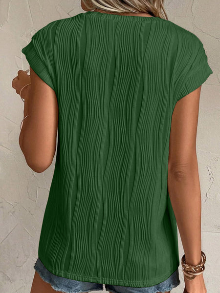 Textured Round Neck Cap Sleeve T-Shirt - Opulent EmpireTextured Round Neck Cap Sleeve T-ShirtOpulent Empire