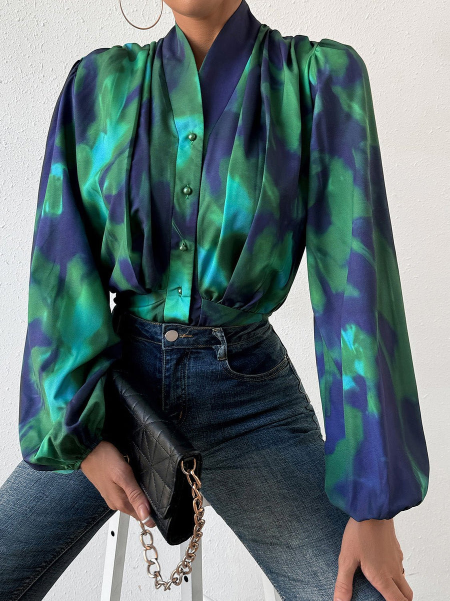 Tie-Dye Button Up Balloon Sleeve Blouse - Opulent EmpireTie-Dye Button Up Balloon Sleeve BlouseOpulent Empire