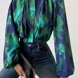 Tie-Dye Button Up Balloon Sleeve Blouse - Opulent EmpireTie-Dye Button Up Balloon Sleeve BlouseOpulent Empire