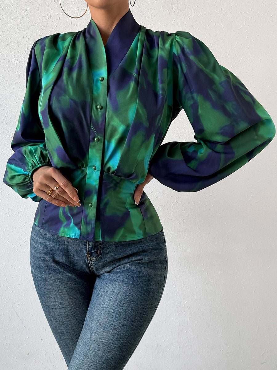 Tie-Dye Button Up Balloon Sleeve Blouse - Opulent EmpireTie-Dye Button Up Balloon Sleeve BlouseOpulent Empire