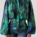 Tie-Dye Button Up Balloon Sleeve Blouse - Opulent EmpireTie-Dye Button Up Balloon Sleeve BlouseOpulent Empire