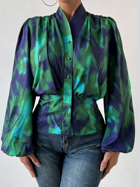 Tie-Dye Button Up Balloon Sleeve Blouse - Opulent EmpireTie-Dye Button Up Balloon Sleeve BlouseOpulent Empire