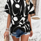 Tied Printed Mock Neck Half Sleeve Blouse - Opulent EmpireTied Printed Mock Neck Half Sleeve BlouseOpulent Empire