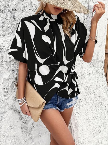 Tied Printed Mock Neck Half Sleeve Blouse - Opulent EmpireTied Printed Mock Neck Half Sleeve BlouseOpulent Empire