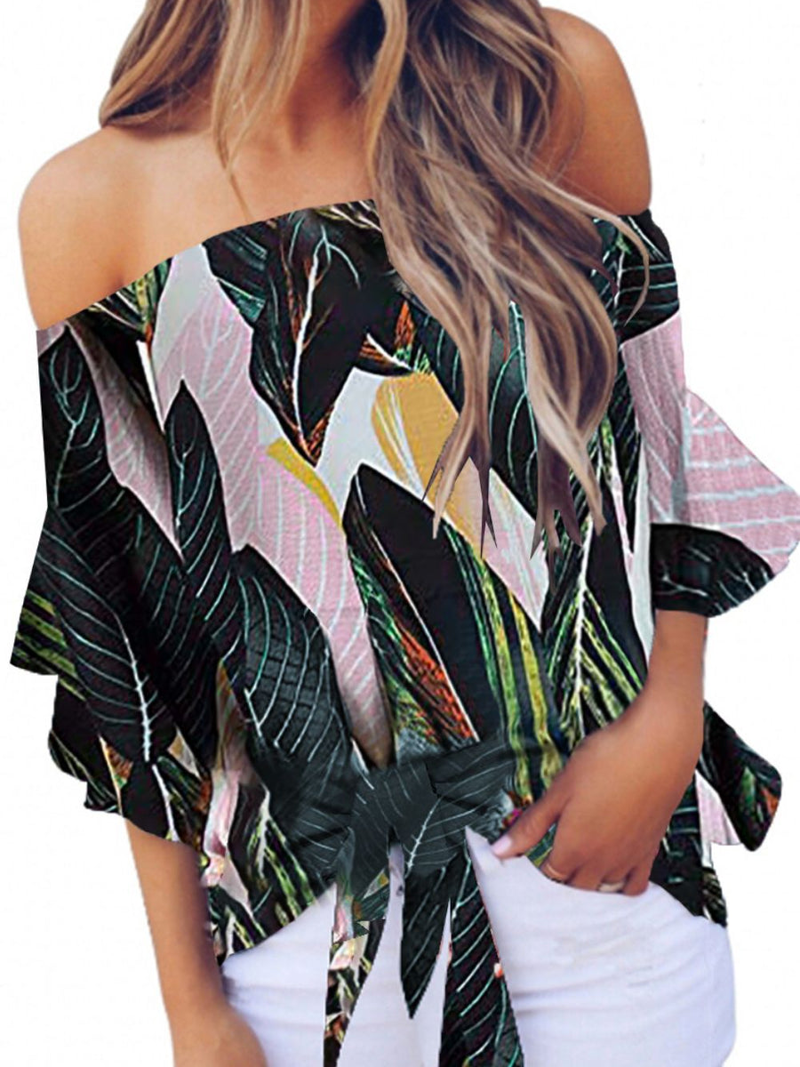 Tied Printed Off-Shoulder Half Sleeve Blouse - Opulent EmpireTied Printed Off-Shoulder Half Sleeve BlouseOpulent Empire