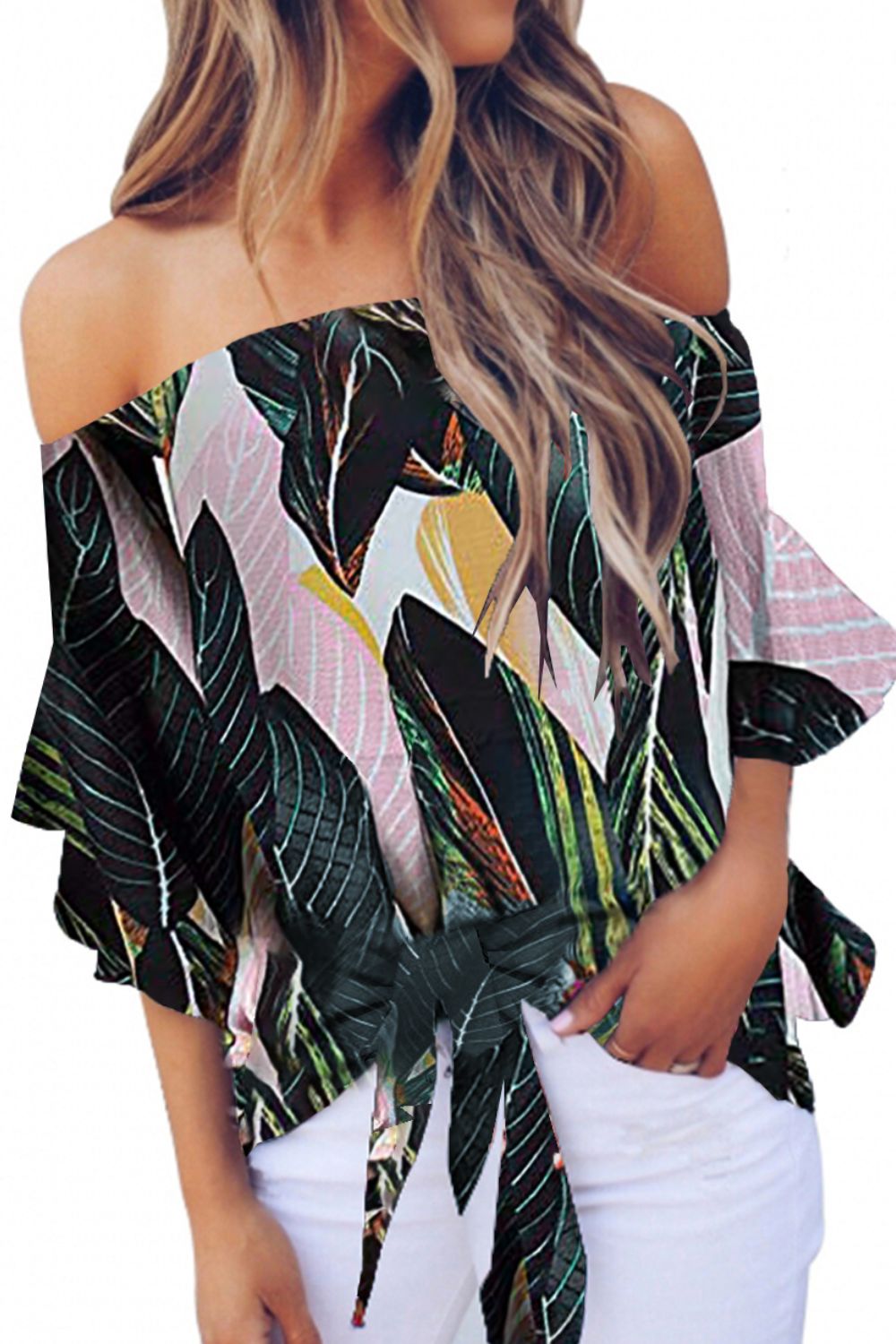 Tied Printed Off-Shoulder Half Sleeve Blouse - Opulent EmpireTied Printed Off-Shoulder Half Sleeve BlouseOpulent Empire