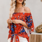 Tied Printed Off-Shoulder Half Sleeve Blouse - Opulent EmpireTied Printed Off-Shoulder Half Sleeve BlouseOpulent Empire