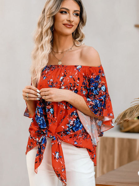 Tied Printed Off-Shoulder Half Sleeve Blouse - Opulent EmpireTied Printed Off-Shoulder Half Sleeve BlouseOpulent Empire