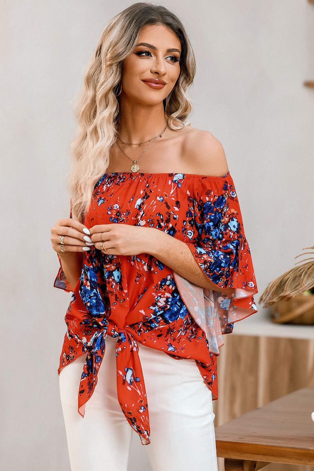 Tied Printed Off-Shoulder Half Sleeve Blouse - Opulent EmpireTied Printed Off-Shoulder Half Sleeve BlouseOpulent Empire