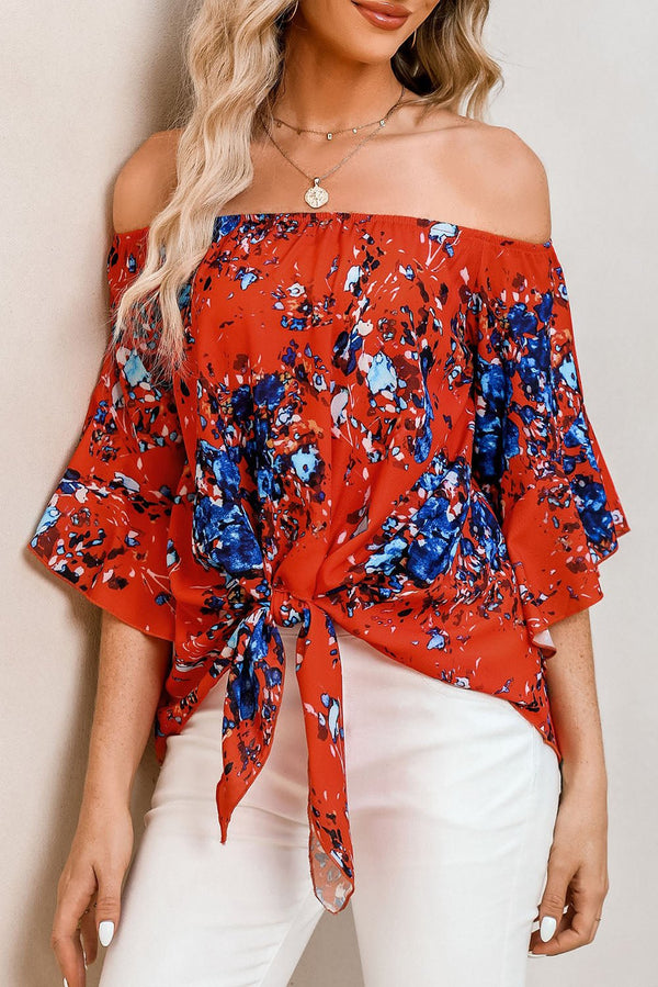 Tied Printed Off-Shoulder Half Sleeve Blouse - Opulent EmpireTied Printed Off-Shoulder Half Sleeve BlouseOpulent Empire