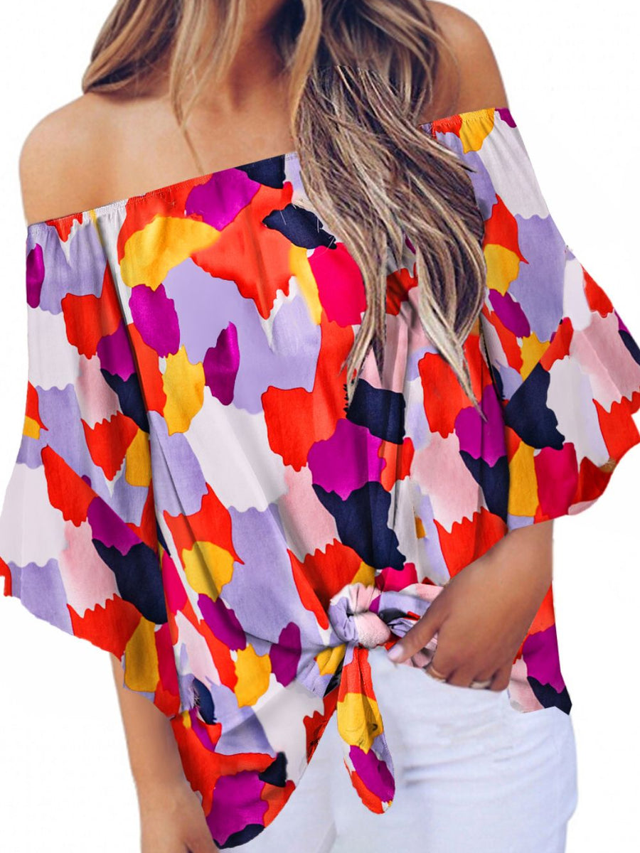 Tied Printed Off-Shoulder Half Sleeve Blouse - Opulent EmpireTied Printed Off-Shoulder Half Sleeve BlouseOpulent Empire