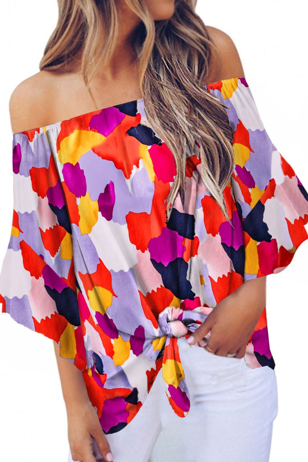 Tied Printed Off-Shoulder Half Sleeve Blouse - Opulent EmpireTied Printed Off-Shoulder Half Sleeve BlouseOpulent Empire