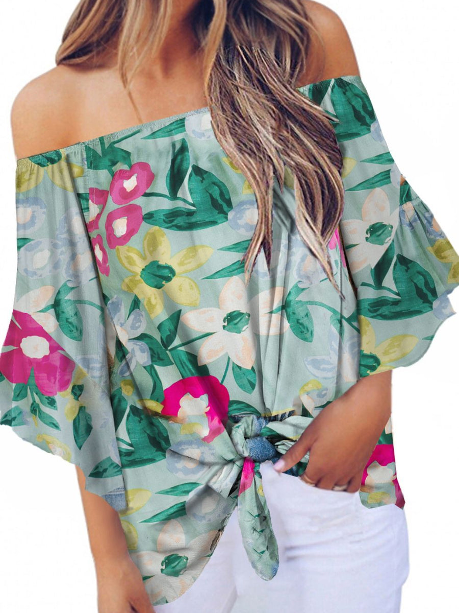 Tied Printed Off-Shoulder Half Sleeve Blouse - Opulent EmpireTied Printed Off-Shoulder Half Sleeve BlouseOpulent Empire