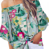 Tied Printed Off-Shoulder Half Sleeve Blouse - Opulent EmpireTied Printed Off-Shoulder Half Sleeve BlouseOpulent Empire