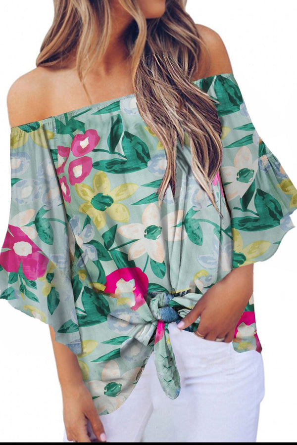 Tied Printed Off-Shoulder Half Sleeve Blouse - Opulent EmpireTied Printed Off-Shoulder Half Sleeve BlouseOpulent Empire