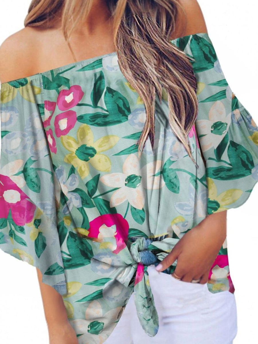 Tied Printed Off-Shoulder Half Sleeve Blouse - Opulent EmpireTied Printed Off-Shoulder Half Sleeve BlouseOpulent Empire