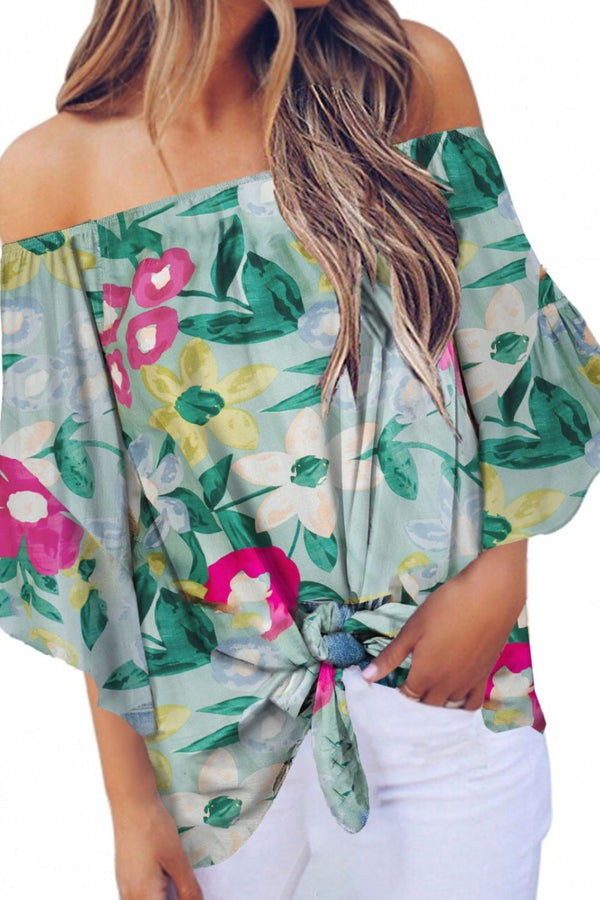 Tied Printed Off-Shoulder Half Sleeve Blouse - Opulent EmpireTied Printed Off-Shoulder Half Sleeve BlouseOpulent Empire