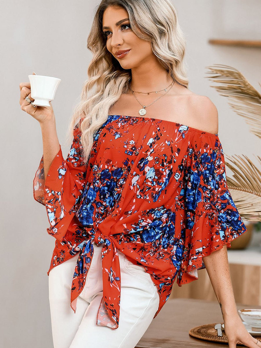 Tied Printed Off-Shoulder Half Sleeve Blouse - Opulent EmpireTied Printed Off-Shoulder Half Sleeve BlouseOpulent Empire