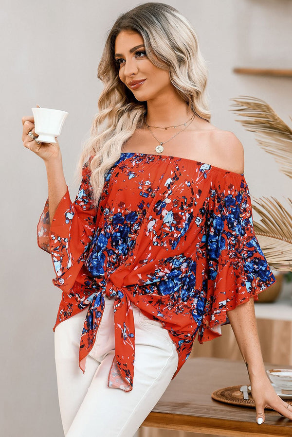 Tied Printed Off-Shoulder Half Sleeve Blouse - Opulent EmpireTied Printed Off-Shoulder Half Sleeve BlouseOpulent Empire