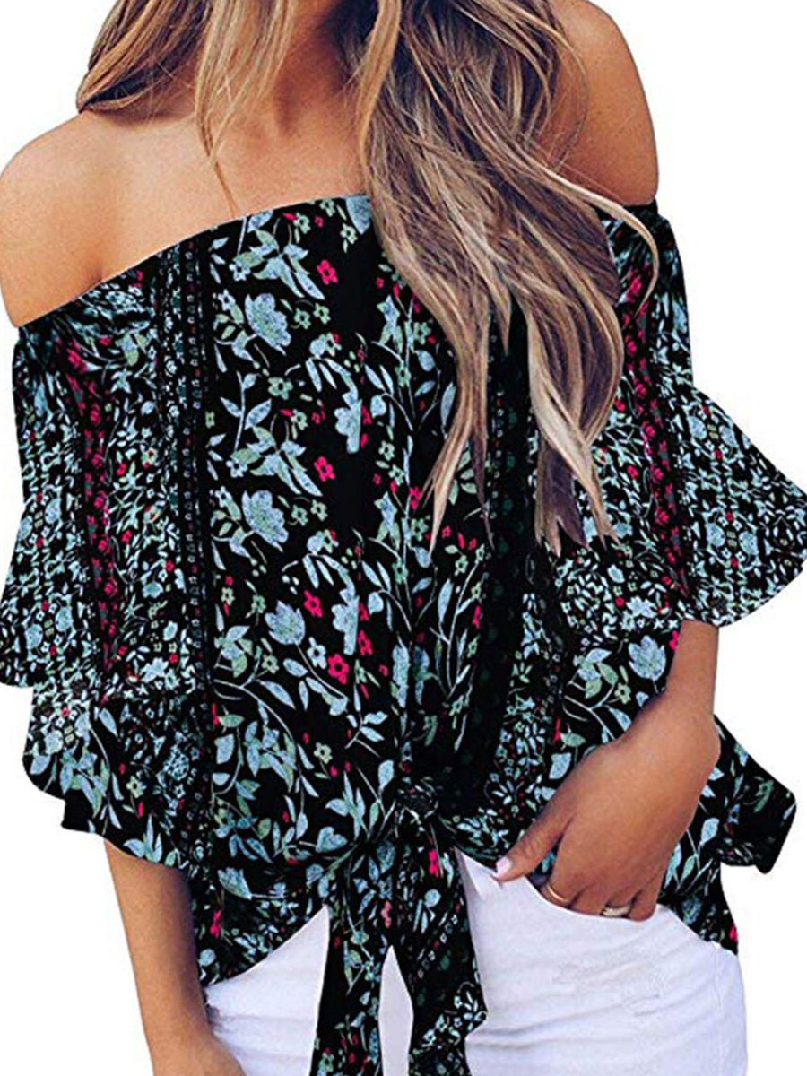 Tied Printed Off-Shoulder Half Sleeve Blouse - Opulent EmpireTied Printed Off-Shoulder Half Sleeve BlouseOpulent Empire