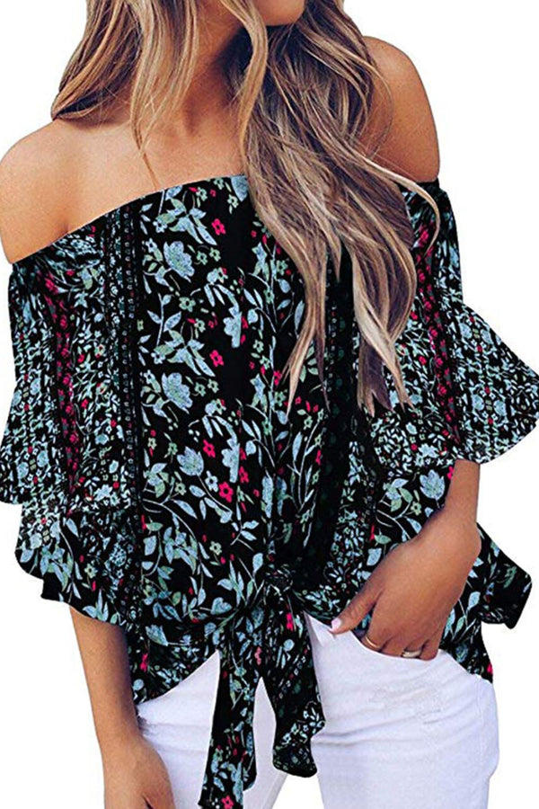 Tied Printed Off-Shoulder Half Sleeve Blouse - Opulent EmpireTied Printed Off-Shoulder Half Sleeve BlouseOpulent Empire