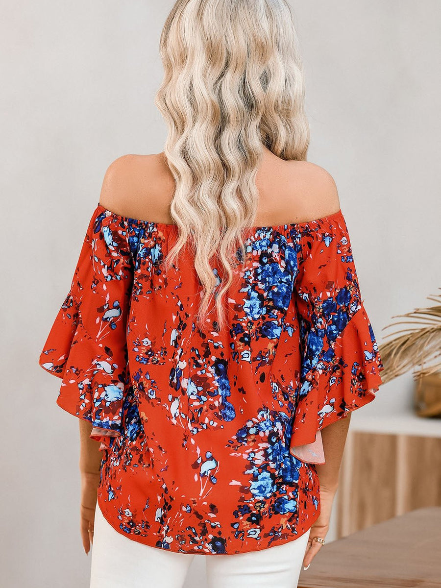 Tied Printed Off-Shoulder Half Sleeve Blouse - Opulent EmpireTied Printed Off-Shoulder Half Sleeve BlouseOpulent Empire