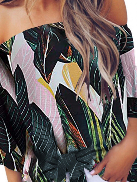 Tied Printed Off-Shoulder Half Sleeve Blouse - Opulent EmpireTied Printed Off-Shoulder Half Sleeve BlouseOpulent Empire