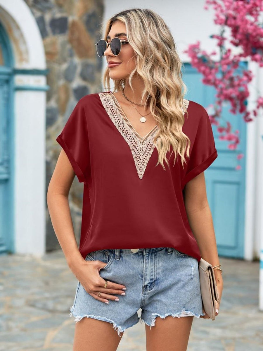 V-Neck Cuffed Blouse - Opulent EmpireV-Neck Cuffed BlouseOpulent Empire