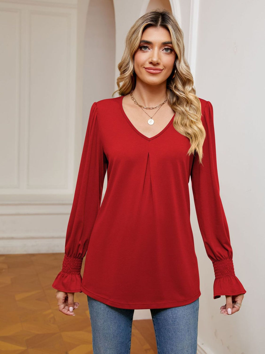 V-Neck Flounce Sleeve Blouse - Opulent EmpireV-Neck Flounce Sleeve BlouseOpulent Empire