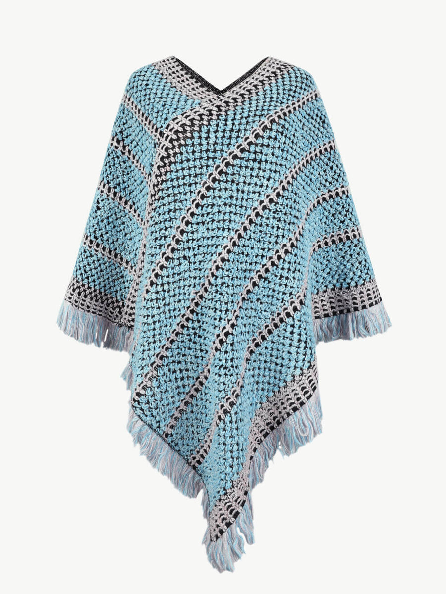 V-Neck Fringe Hem Poncho - Opulent EmpireV-Neck Fringe Hem PonchoOpulent EmpireClothing