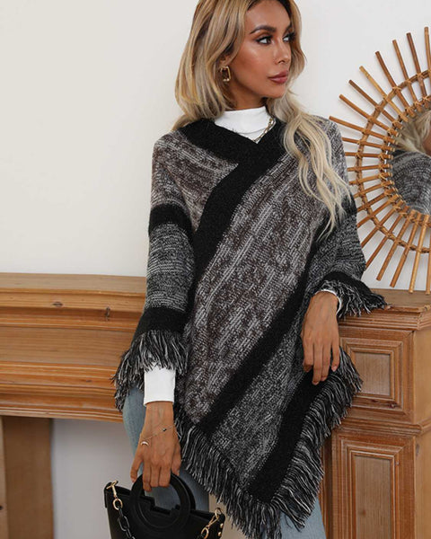 V-Neck Poncho with Fringes - Opulent EmpireV-Neck Poncho with FringesOpulent EmpireClothing