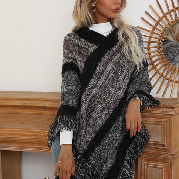 V-Neck Poncho with Fringes - Opulent EmpireV-Neck Poncho with FringesOpulent EmpireClothing