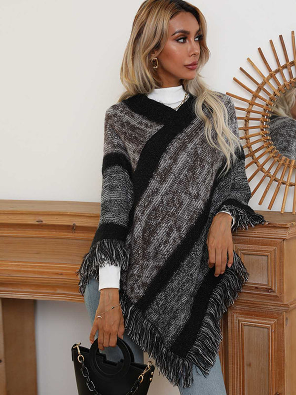 V-Neck Poncho with Fringes - Opulent EmpireV-Neck Poncho with FringesOpulent EmpireClothing