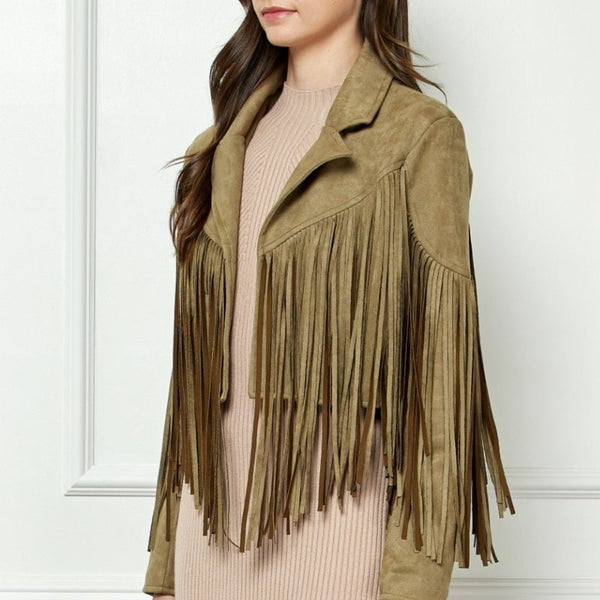 Veveret® Suede Fringe Long Sleeve Moto Jacket - Opulent EmpireVeveret® Suede Fringe Long Sleeve Moto JacketOpulent Empire