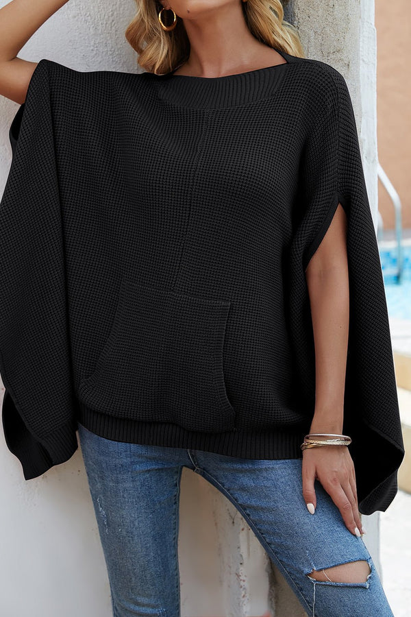 Waffle-Knit Pocketed Cape Sleeve Sweater - Opulent EmpireWaffle-Knit Pocketed Cape Sleeve SweaterOpulent EmpireClothing