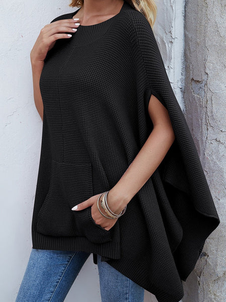 Waffle-Knit Pocketed Cape Sleeve Sweater - Opulent EmpireWaffle-Knit Pocketed Cape Sleeve SweaterOpulent EmpireClothing