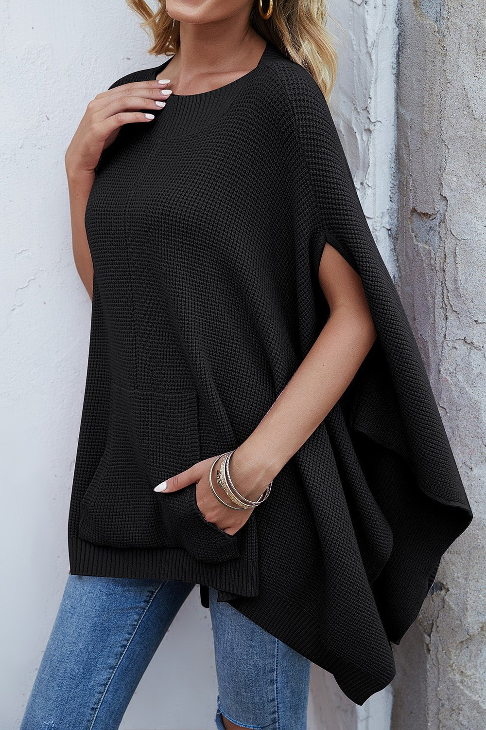 Waffle-Knit Pocketed Cape Sleeve Sweater - Opulent EmpireWaffle-Knit Pocketed Cape Sleeve SweaterOpulent EmpireClothing