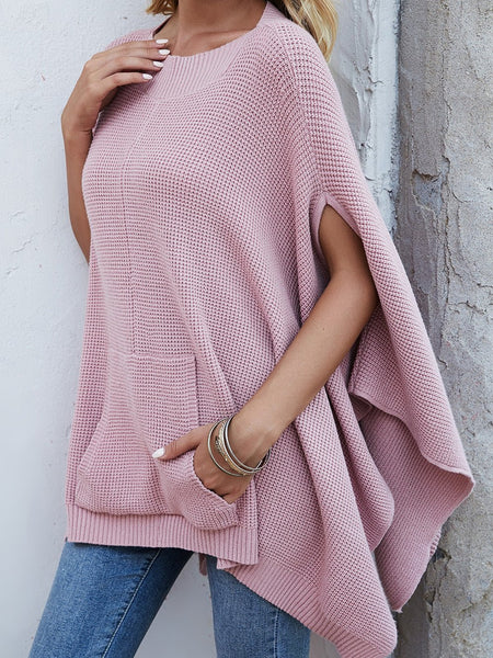 Waffle-Knit Pocketed Cape Sleeve Sweater - Opulent EmpireWaffle-Knit Pocketed Cape Sleeve SweaterOpulent EmpireClothing