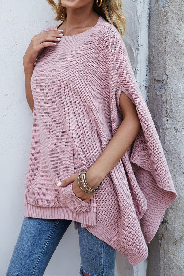 Waffle-Knit Pocketed Cape Sleeve Sweater - Opulent EmpireWaffle-Knit Pocketed Cape Sleeve SweaterOpulent EmpireClothing