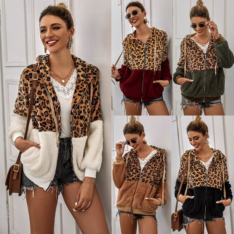 Women's Fashion Casual Leopard Print Stitching Thick Fleece Furry Sweater Hooded Top - Opulent EmpireWomen's Fashion Casual Leopard Print Stitching Thick Fleece Furry Sweater Hooded TopOpulent EmpireClothing