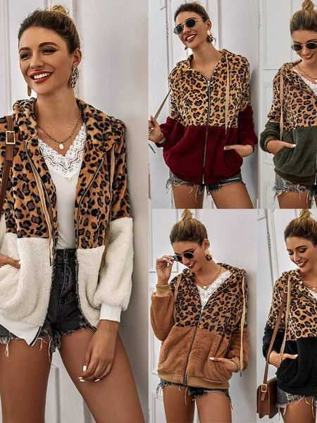 Women's Fashion Casual Leopard Print Stitching Thick Fleece Furry Sweater Hooded Top - Opulent EmpireWomen's Fashion Casual Leopard Print Stitching Thick Fleece Furry Sweater Hooded TopOpulent EmpireClothing