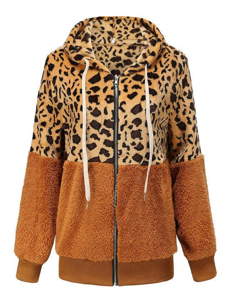 Women's Fashion Casual Leopard Print Stitching Thick Fleece Furry Sweater Hooded Top - Opulent EmpireWomen's Fashion Casual Leopard Print Stitching Thick Fleece Furry Sweater Hooded TopOpulent EmpireClothing