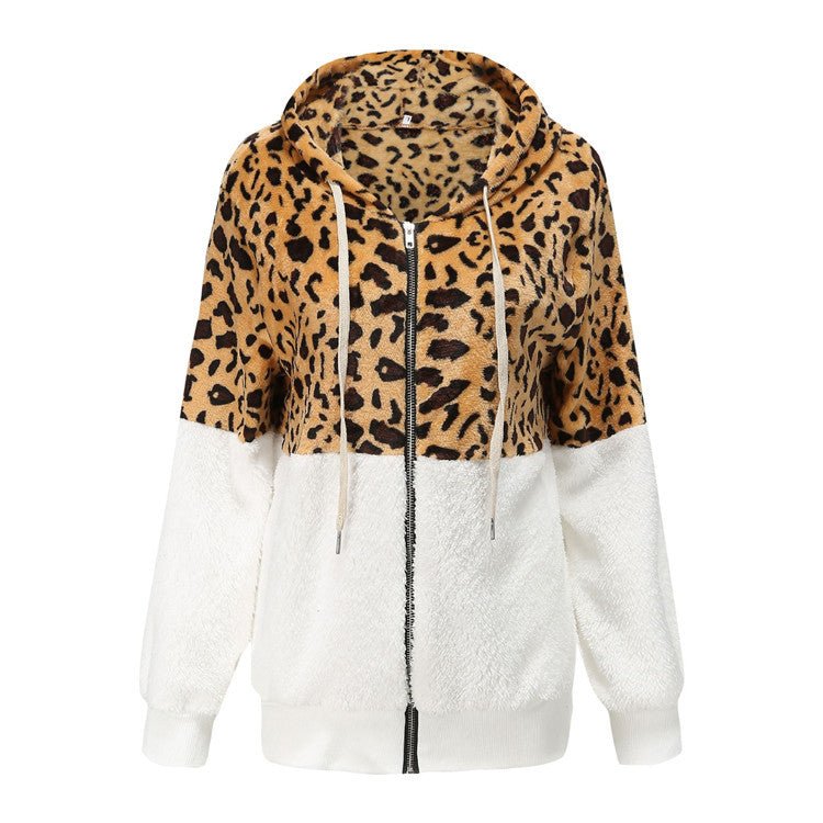 Women's Fashion Casual Leopard Print Stitching Thick Fleece Furry Sweater Hooded Top - Opulent EmpireWomen's Fashion Casual Leopard Print Stitching Thick Fleece Furry Sweater Hooded TopOpulent EmpireClothing