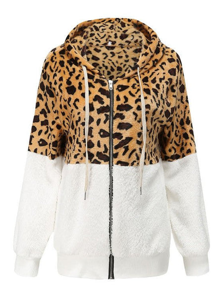 Women's Fashion Casual Leopard Print Stitching Thick Fleece Furry Sweater Hooded Top - Opulent EmpireWomen's Fashion Casual Leopard Print Stitching Thick Fleece Furry Sweater Hooded TopOpulent EmpireClothing