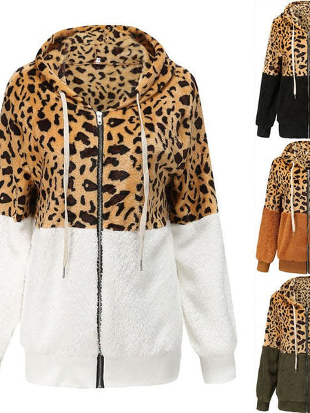 Women's Fashion Casual Leopard Print Stitching Thick Fleece Furry Sweater Hooded Top - Opulent EmpireWomen's Fashion Casual Leopard Print Stitching Thick Fleece Furry Sweater Hooded TopOpulent EmpireClothing