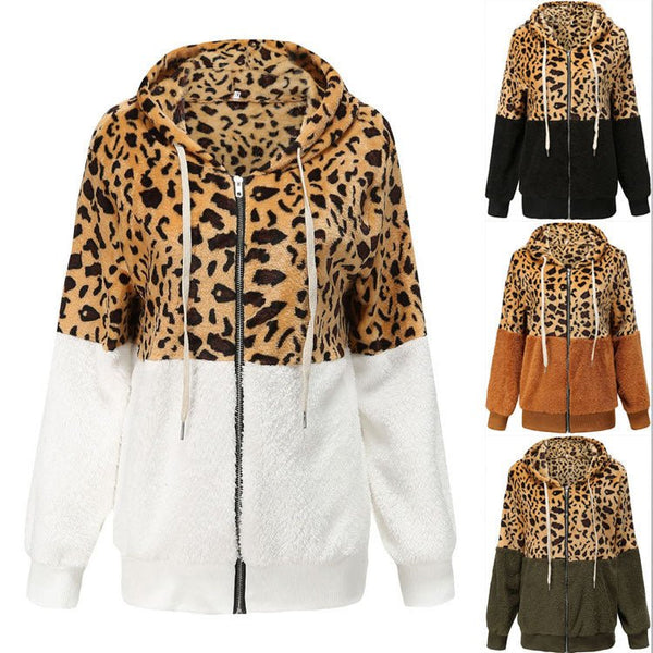 Women's Fashion Casual Leopard Print Stitching Thick Fleece Furry Sweater Hooded Top - Opulent EmpireWomen's Fashion Casual Leopard Print Stitching Thick Fleece Furry Sweater Hooded TopOpulent EmpireClothing