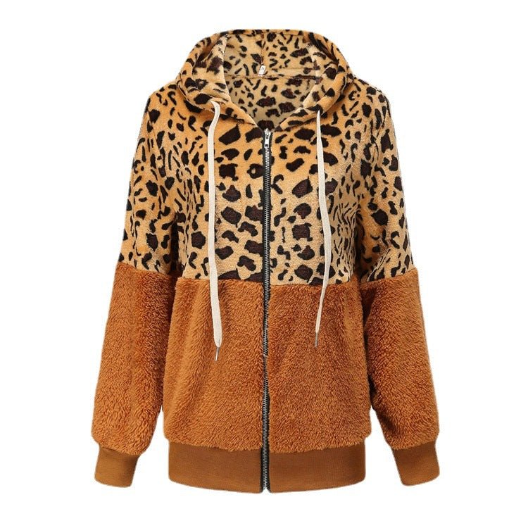 Women's Fashion Casual Leopard Print Stitching Thick Fleece Furry Sweater Hooded Top - Opulent EmpireWomen's Fashion Casual Leopard Print Stitching Thick Fleece Furry Sweater Hooded TopOpulent EmpireClothing