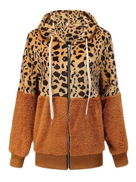 Women's Fashion Casual Leopard Print Stitching Thick Fleece Furry Sweater Hooded Top - Opulent EmpireWomen's Fashion Casual Leopard Print Stitching Thick Fleece Furry Sweater Hooded TopOpulent EmpireClothing