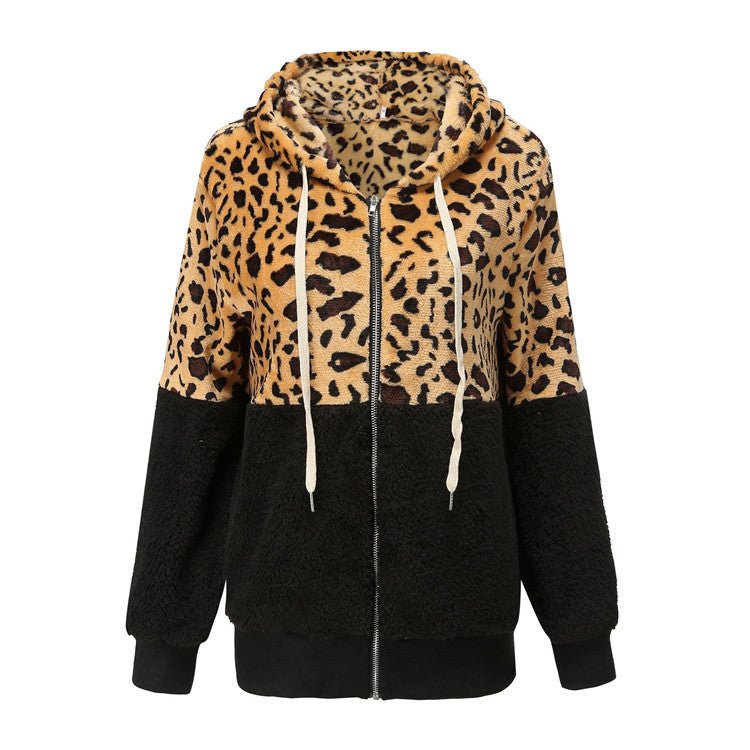 Women's Fashion Casual Leopard Print Stitching Thick Fleece Furry Sweater Hooded Top - Opulent EmpireWomen's Fashion Casual Leopard Print Stitching Thick Fleece Furry Sweater Hooded TopOpulent EmpireClothing